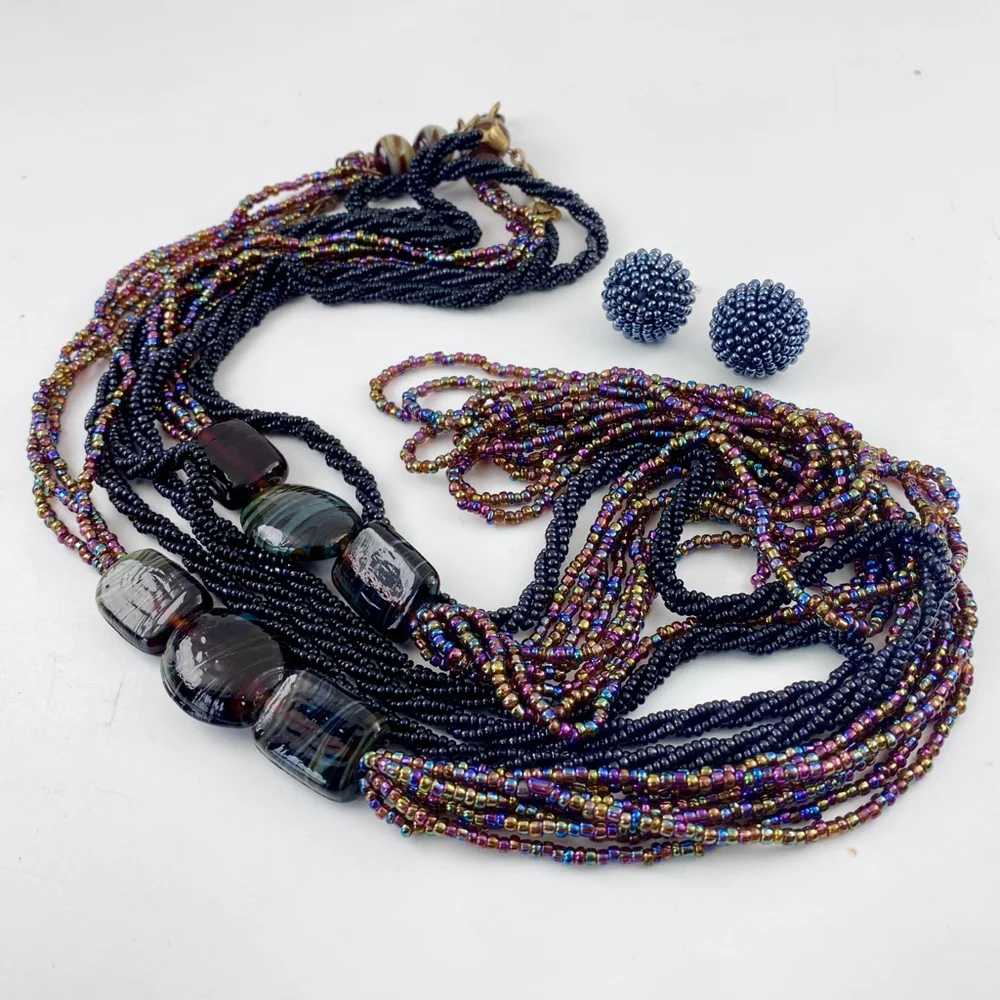 Vintage Peacock Carnival Glass Black Seed Bead Necklace Lot Clip on Earrings. - Picture 5 of 6